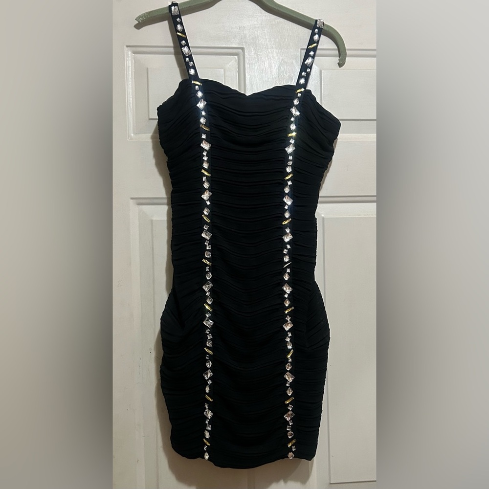 Camille La Vie Black Strapless Ruched Dress with Jewel-Embellished Straps PROM